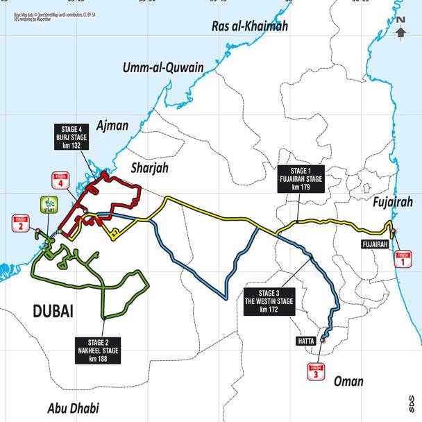 Dal 3 al 6 febbraio 2016 si svolge la terza edizione del Dubai Tour. DI seguito il dettaglio delle tappe